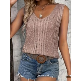 Plus Size Soft Cable Knit Tank Top - Comfortable Sleeveless V Neck for Curvy Women - Versatile Solid Color, Perfect for Spring & Summer Wardrobe