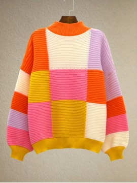 Plus Size Y2K Sweater, Women's Plus Colorblock Grid Print Lantern Sleeve Round Neck Jumper