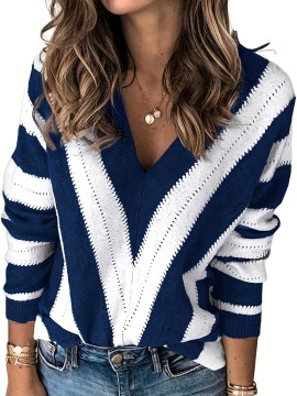 Chic Plus Size Striped V-Neck Sweater - Stretchy Knit Long Sleeve Pullover for Casual Wear