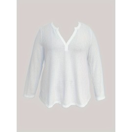 Plus Size Basic Knit Top, Women's Plus Solid Long Sleeve Notched Neck Knit Top