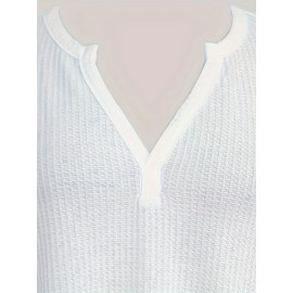 Plus Size Basic Knit Top, Women's Plus Solid Long Sleeve Notched Neck Knit Top