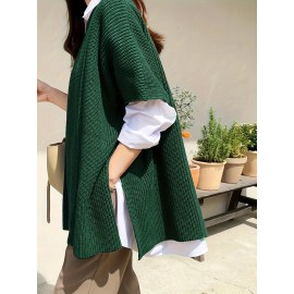 Plus Size Side Split Sweater, Casual Short Sleeve Crew Neck Sweater, Women's Plus SizeÂ Clothing