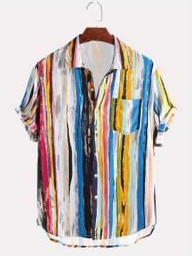 Men's Vertical Striped Short Sleeve Button Up Shirt - Casual Summer Vacation Top