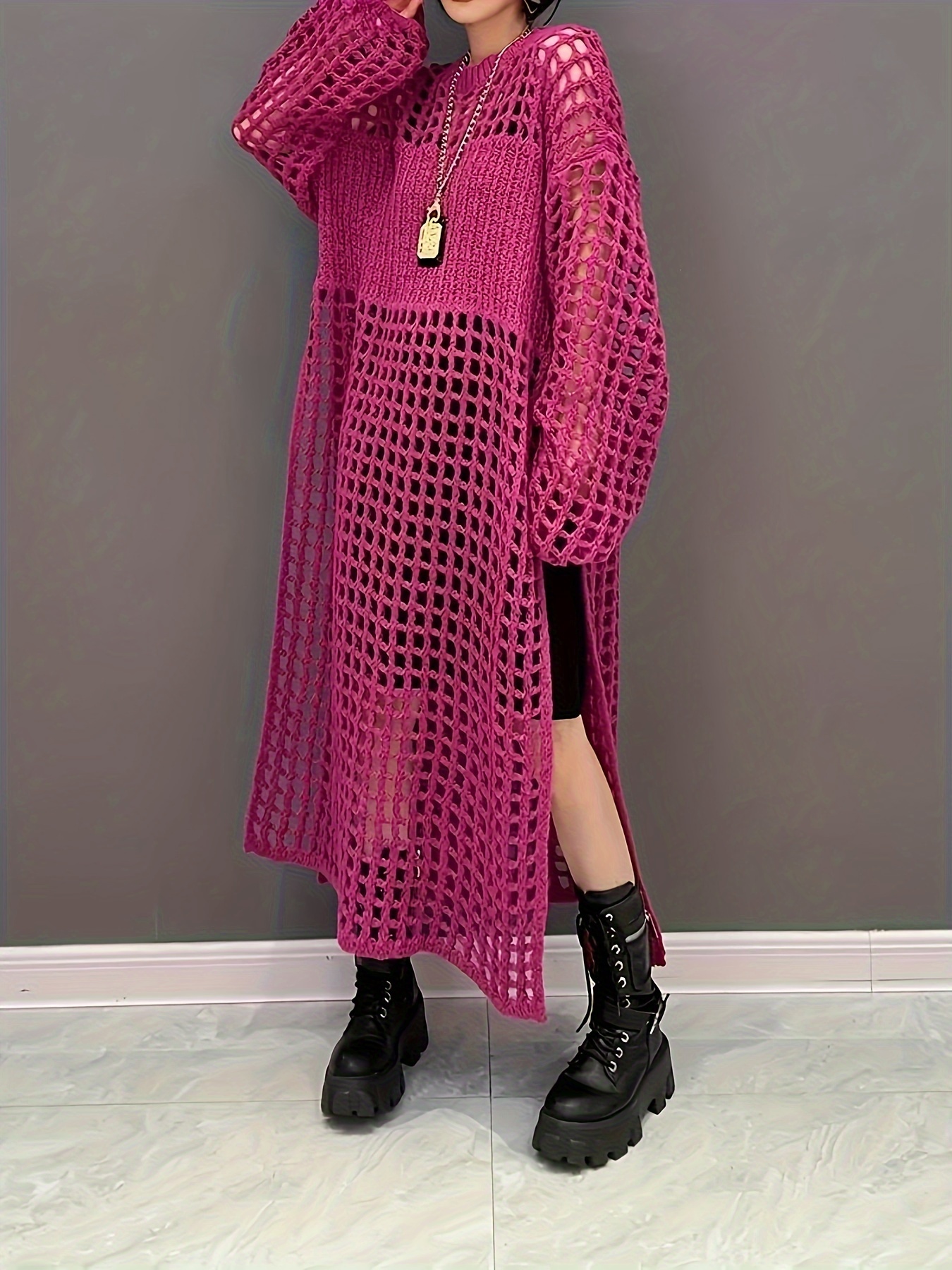 plus size hollow out crew neck cover up dress sexy split hem long sleeve midi dress for spring summer womens plus size clothing details 6